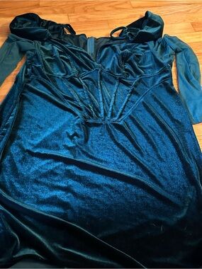 Velvet Off-Shoulder Evening Dress in Teal Blue